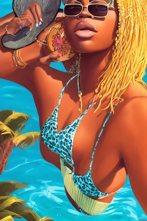 Prompt: a highly detailed beautiful portrait of Black women in the Caribbean wearing aquamarine bikini and shades, full glossy lips, drinking out of a coconut highly detailed, 2d game fanart behance hd by Jesper Ejsing, by RHADS, Makoto Shinkaih and Lois van baarle, ilya kuvshinov, rossdraws global illumination, cinematic , hyper-reslistic, depth of field, coherent, high definition, 8k resolution octane renderer, artstation