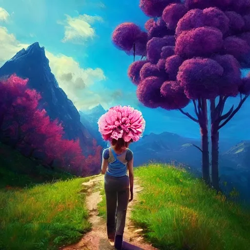 Prompt: giant carnation flower as a head, girl hiking in the mountains, surreal photography, sunrise, dramatic light, impressionist painting, colorful clouds, digital painting, artstation, simon stalenhag