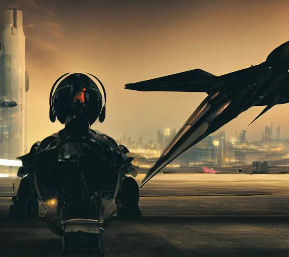 Image similar to fighter pilot stands beside futuristic sci fi fighter jet grounded at runway of cyberpunk city ,dark cinematic lighting , digital concept art