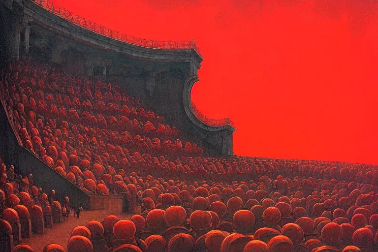 Image similar to only with red, a red melted emperor, taormina amphitheatre, crowd hails him happy, in the style of beksinski, parts by edward hopper, parts by rodcenko, parts by yue minjun, intricate and epic composition, red by caravaggio, insanely quality, highly detailed, masterpiece, red light, artstation, 4 k