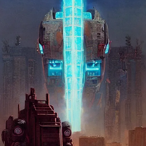 Image similar to giant mayan cyberpunk mecha with flaming eyes standing over city, perfectly clear face, shadow of the colossus screenshot by j. c. leyendecker, simon stalenhag, studio ghibli, and beksinski