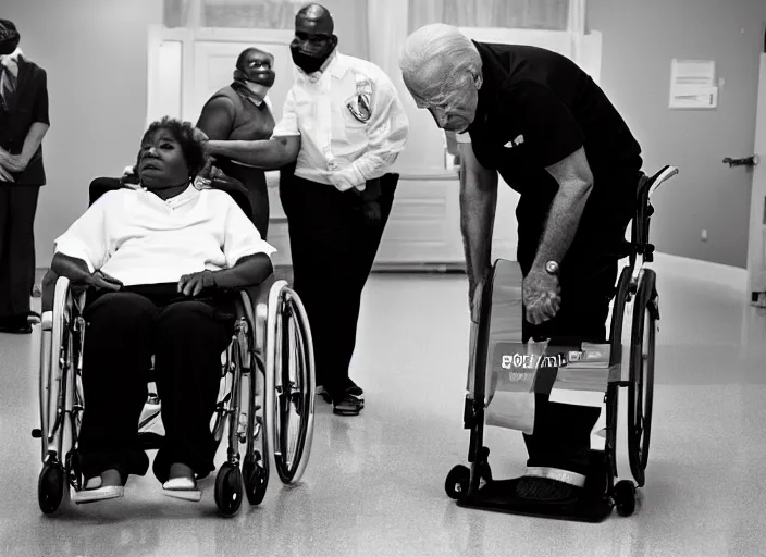 Prompt: Biden in a wheelchair getting spoon-fed by obese black woman, nursing home, award winning cinematic photography, 50 mm, blurred background, trending on twitter