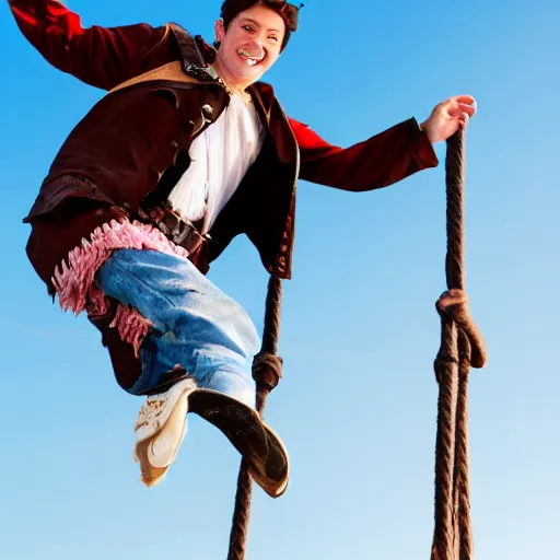 Image similar to a young man jumping on a pirate ship