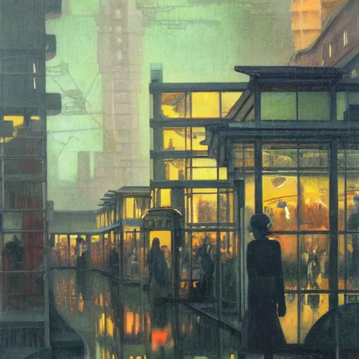 Image similar to 1 9 3 0 s detailed oil painting of a woman, cyberdeco cloisters, electronic billboards, tech noir, wet reflections, atmospheric, ambient, livia prima, george tooker, greg rutkowski, wlop, gil elvgren, grant wood, alexis flower, hopper, mucha, whistler, norman rockwell, peter max,