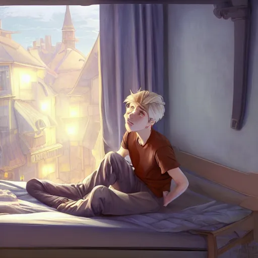 Image similar to young man with short, ash blond greyish hair, light brown eyes, casual clothes, hanging out on a bed, path traced, highly detailed, high quality, digital painting, by don bluth and ross tran and studio ghibli and alphonse mucha, sylvain sarrailh