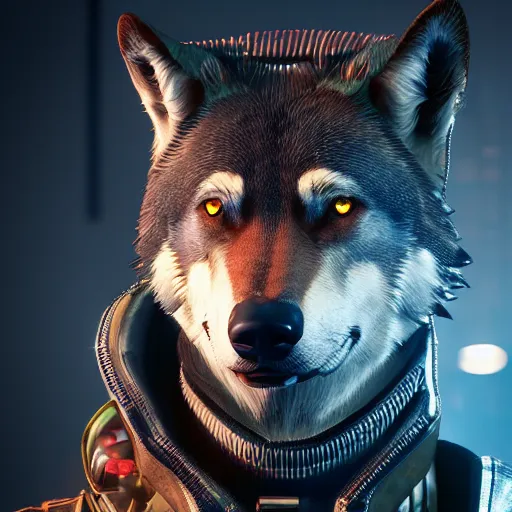 Prompt: 3d render of detective canis lupus wolf in cyberpunk 2077