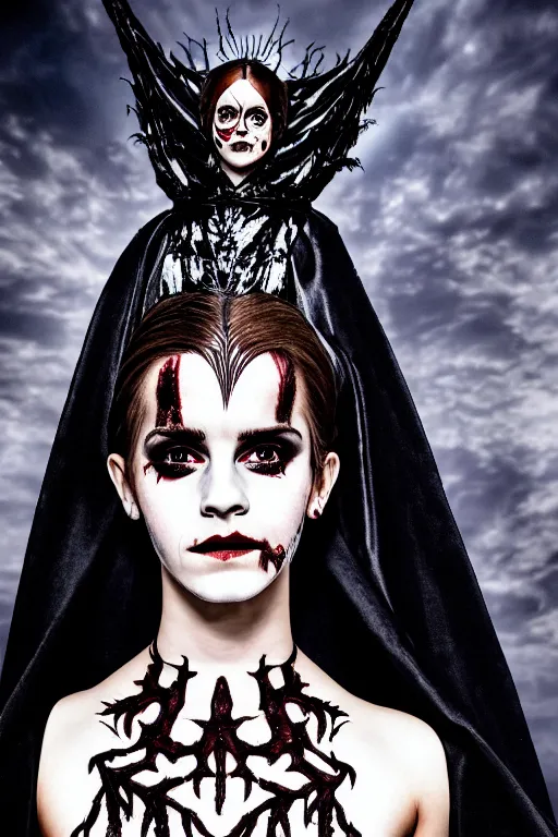 Image similar to dressed emma watson, a sinister demonic queen of cenobites, symmetrical, cinematic, elegant, demonic atmosphere, professional studio light, real dlsr photography, sharp focus, costume made by clive barker, real rotten flesh, blood and bones, 4 k, ultra hd, sense of awe