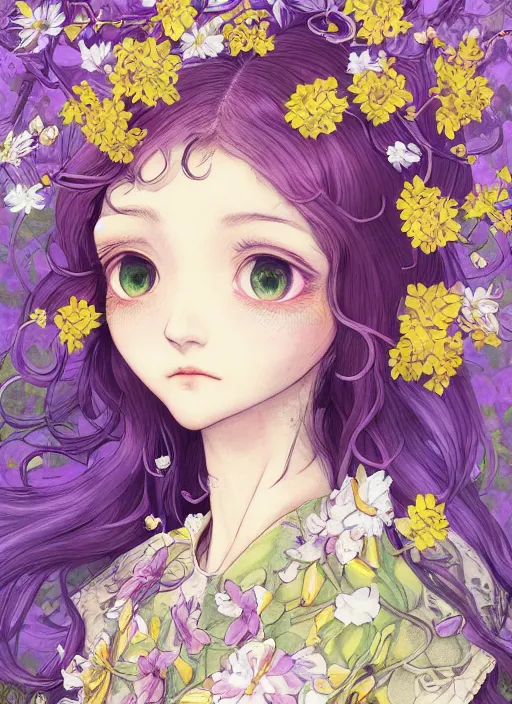 Prompt: elf girl wearing an flower suit, soft hair. light color palate, purple, yellow and white. detailed soft painting, ayami kojima, made in abyss, anatomically correct, ilya kuvshinov, inspired in balthus, high detailed face anime, vogue magazine, glorious composition, mobile wallpaper, safe