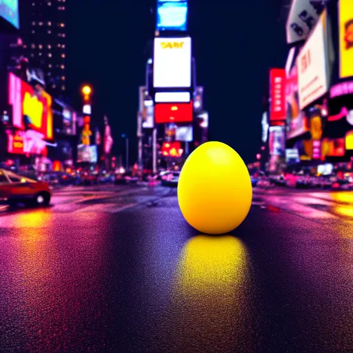 Prompt: sunny side up egg sits in the road, times square, night time, raining, neon light, romantic, ultra realistic, unreal engine, 4k, artstation