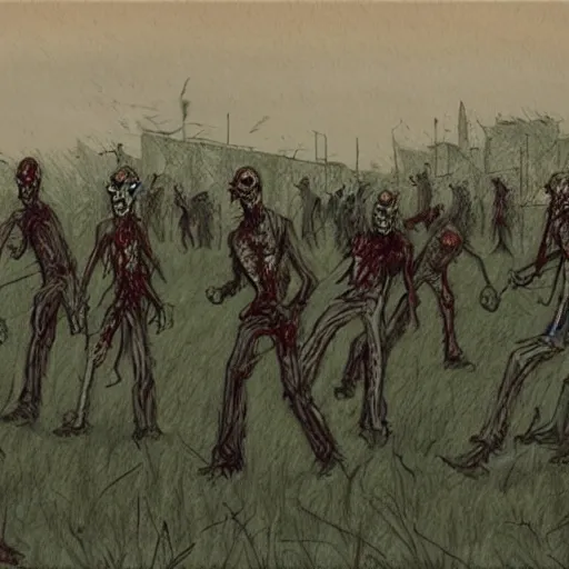 Image similar to zombie horde in an open farm field, drawn by ben templesmith