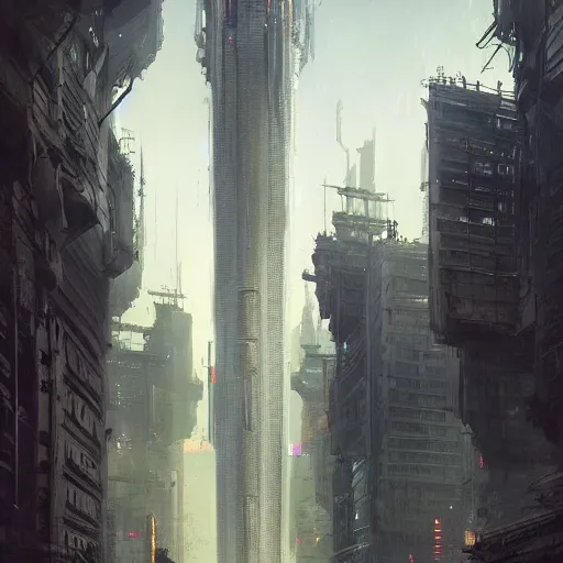 Prompt: highly detailed concept art of monumental huge tower in the cyberpunk city center trending on Artstation by Daniel Dociu and Greg Rutkowski, high quality, nomadic urbanism, sci-fi, futuristic, architecture