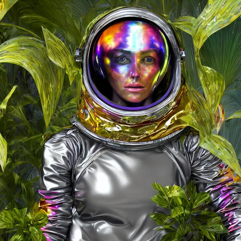 Image similar to octane render portrait by wayne barlow and carlo crivelli and glenn fabry, subject is a woman covered in tie - dye aluminum foil space suit with a colorful metallic space helmet, surrounded by alien plants, cinema 4 d, ray traced lighting, very short depth of field, bokeh