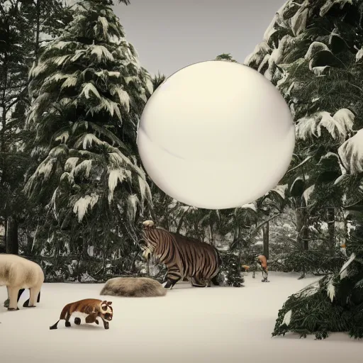 Image similar to a zoo inside a snow globe, octane render, unreal engine 5, animals, trees, white background, realistic, photo realism