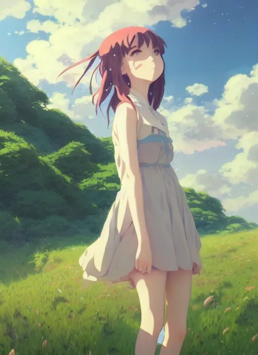 Image similar to portrait of cute girl, cloudy sky background lush landscape illustration concept art anime key visual trending pixiv fanbox by wlop and greg rutkowski and makoto shinkai and studio ghibli and gustav klimt