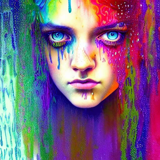 Image similar to girl in psychedelic LSD rain with wet hair and face, fantasy, intricate, elegant, dramatic lighting, evoking intense emotion, symbolic metaphor, highly detailed, lifelike, photorealistic, digital painting, artstation, concept art, smooth, sharp focus, illustration, art by John Collier and Albert Aublet and Krenz Cushart and Artem Demura and Alphonse Mucha