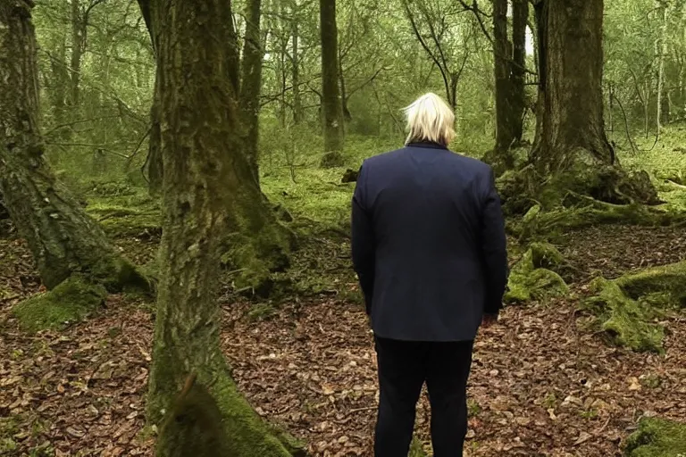 Image similar to derpy boris johnson staring at you from behind a tree in the forest, trailcam footage