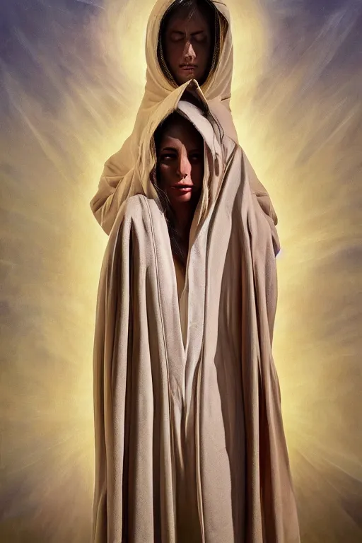 Image similar to transcendental meditation hooded robed cult woman, opening third eye, chakra energy waves resonating from her body, ethereal aura, epic surrealism 8k oil painting, portrait, perspective, high definition, post modernist layering, by Peter Kemp