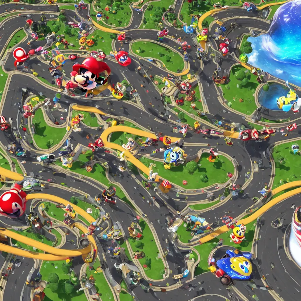 Image similar to mario kart 8 deluxe racing track. made by supercell, disney, pixar.