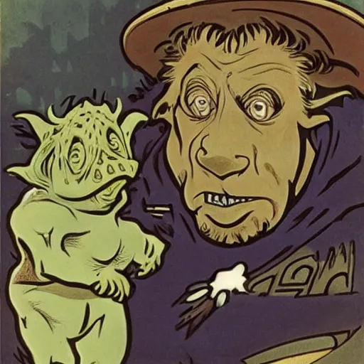 Image similar to baby gamorrean guard being looked after by tom baker dr who, alphonse mucha