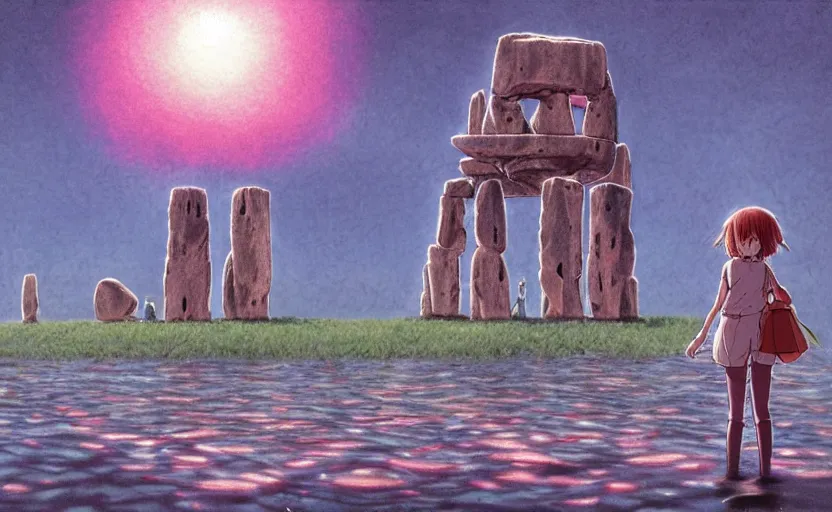 Prompt: a realistic cell - shaded studio ghibli concept art from paprika ( 2 0 0 6 ) of a flying multi - colored octopus from close encounters of the third kind ( 1 9 7 7 ) and grey fairy meditating in a flooded stonehenge on a misty starry night. very dull colors, wide shot, hd, 4 k, hq