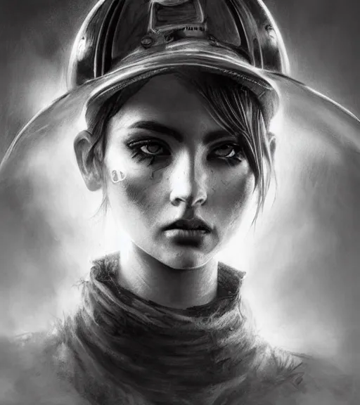 Prompt: fireman _ jeck, beautiful piercing eyes, realistic face, black and white drawing, in the style of greg rutkowski, fantasy, amazing detail, epic, intricate, elegant, smooth, sharp focus