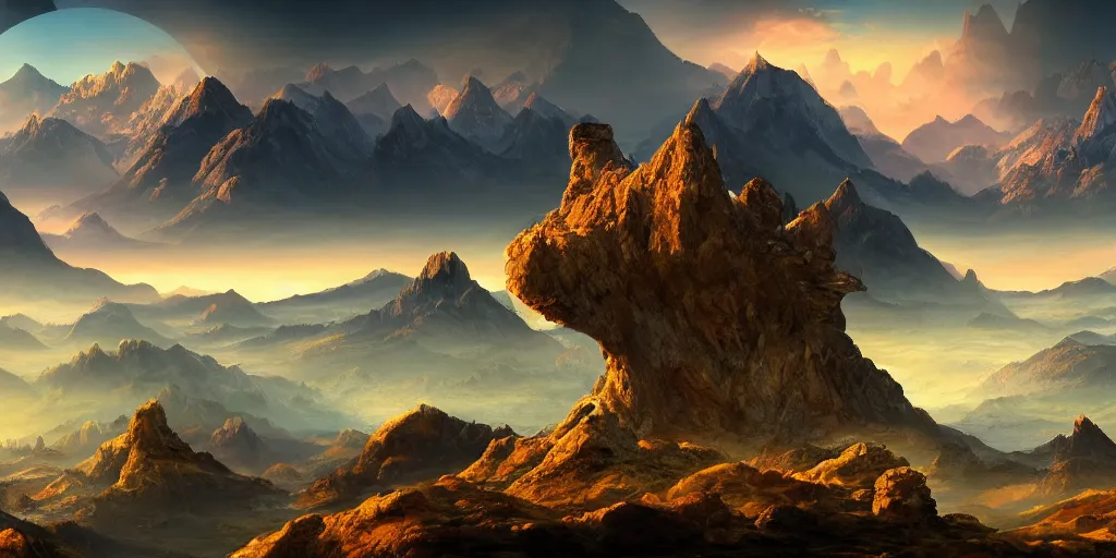 Prompt: The god-like landscape with mountains in the background, Sci-Fi fantasy desktop wallpaper, painted, 4k, high detail, sharp focus