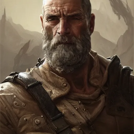 Image similar to portrait of a rugged ranger, handsome, muscular, 76 years old, D&D, fantasy, intricate, elegant, highly detailed, digital painting, artstation, concept art, matte, sharp focus, illustration, art by Artgerm and Greg Rutkowski and Alphonse Mucha