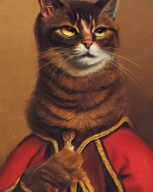 Image similar to portrait of cute brown cat with serious expression wearing 1 7 th century royal guard uniform, baroque painting, greg rutkowski