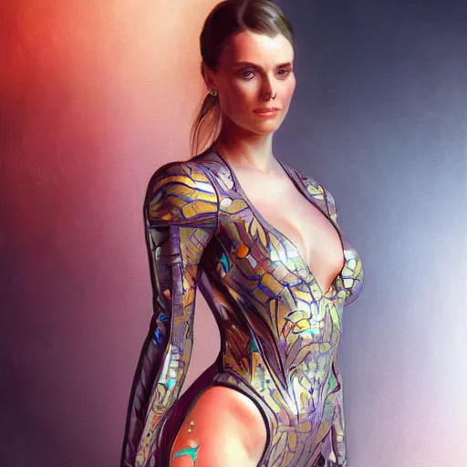 Image similar to full body portrait of addison rae wearing a latex suit, intricate, elegant, highly detailed, digital painting, artstation, smooth, sharp focus, illustration, art by artgerm and greg rutkowski and alphonse mucha, 8 k