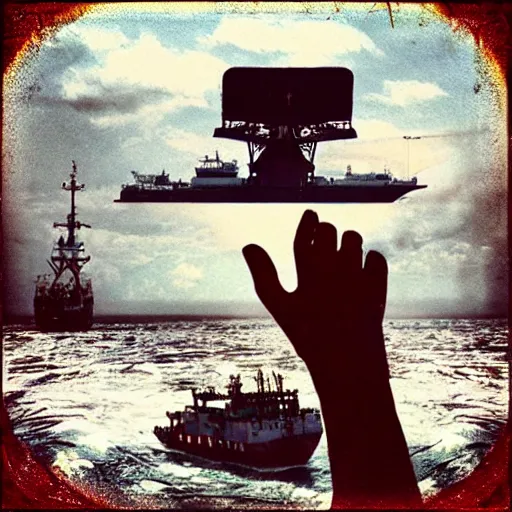 Image similar to !dream cargo ship hijacked by somalian pirates, foreshortening photography, foreshortened perspective, grainy photo, cinematic, cinematography, polaroid