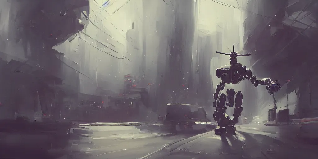 Image similar to a beautiful painting of robot by agustin fernandez, trending on artstation, blurred environment background