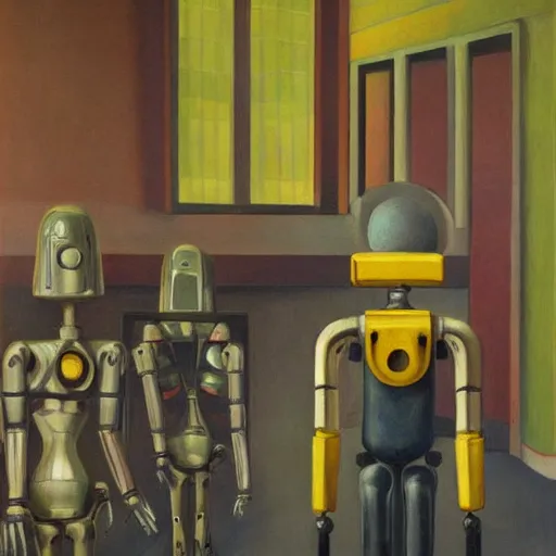 Prompt: drab slave human workers building robots, watched by fascist drones, brutalist factory chapel, dystopian, pj crook, edward hopper, oil on canvas