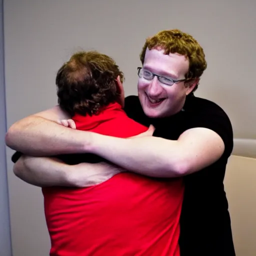 Prompt: Mark Zuckerberg hugging Gabe Newell, photography, realistic