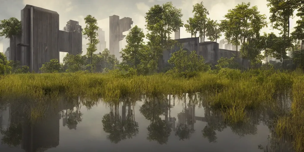 Image similar to an extremely detailed cathedral of brutalist architecture, surrounded by lush green forest, accurate reflections in surrounding ponds of water, stunning volumetric lighting, sunset, rusted steel, smooth concrete, stunning skies, trending on Artstation, 8k, photorealistic, hyper detailed, unreal engine 5, IMAX quality, cinematic, epic lighting, in the style of Greg Rutkowski