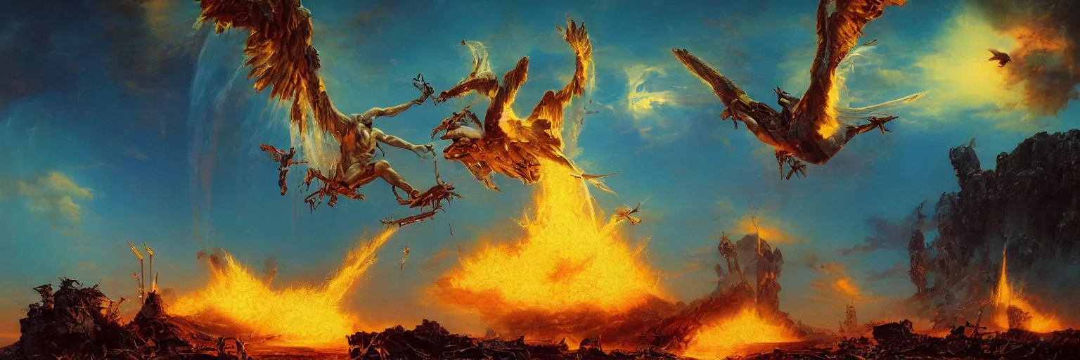 Image similar to awe-inspiring bruce pennington landscape digital art painting of icarus crashing and burning his chariot, 4k, matte