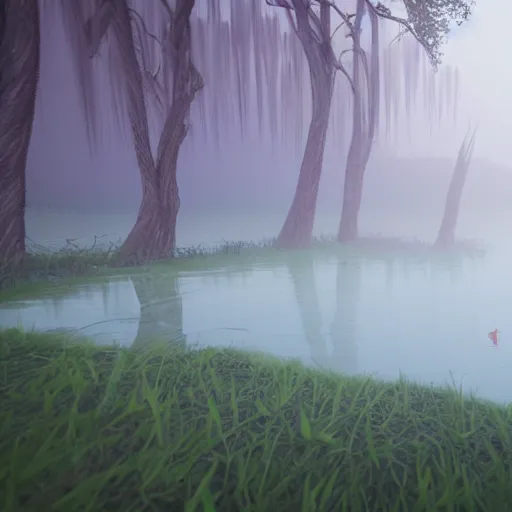 Image similar to concept of artistic swamp with mystic fog, water on the foreground and fisher with fishing rode, from horror movies, artstation, lowpoly vegetation