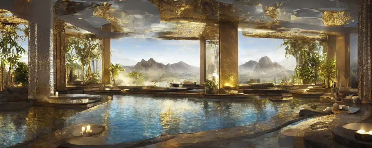 Image similar to surreal hyper luxury spa with intricate golden details with view to arid mountains and palm forest, ultra detailed, photorealism, sharp focus, volumetric light, global illumination