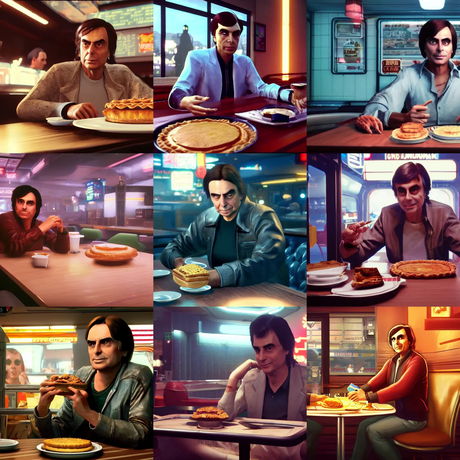 Prompt: carl sagan in a diner with apple pie. cyberpunk 2 0 7 7. cp 2 0 7 7. 3 8 4 0 x 2 1 6 0