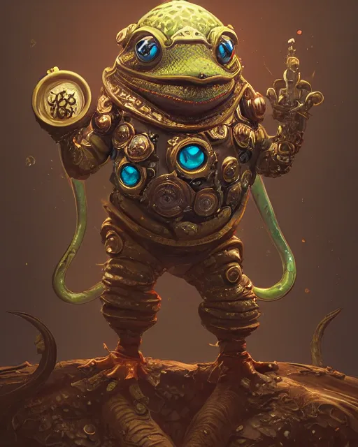 Prompt: a slimy anthropomorphic toad king wearing ornate steampunk armor, smooth, intricate, elegant, digital painting, artstation, steam, grungy steel, concept art, sharp focus, octane render, illustration, art by josan gonzalez and riot studios and blizzard studios,