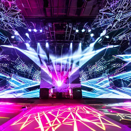 Prompt: a wickedly cool and immersive stage design for a headlining edm artist. music festival, pixel mapping, dmx lights, volumetrics, haze, high energy, night.