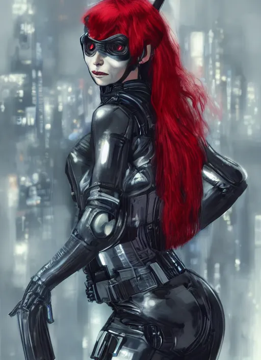 Image similar to a full body beautiful woman with red hair and blue eyes, wearing a cyberpunk outfit by hr giger, artgerm, sakimichan, weapons, electronics, high tech, cyber wear, latex dress, batwoman, bandage, concept art, fantasy, cyberpunk