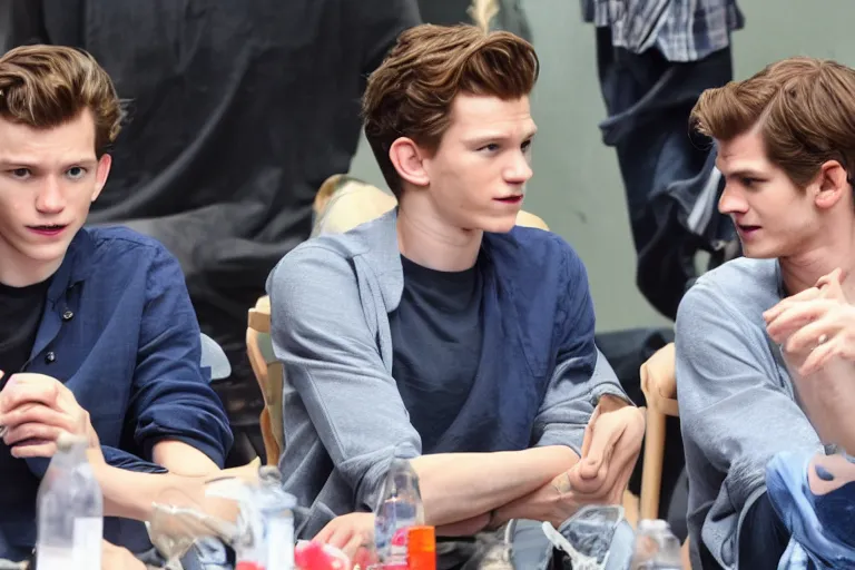 Prompt: Tom Holland, Andrew Garfield and Toby Maguire chatting and talking