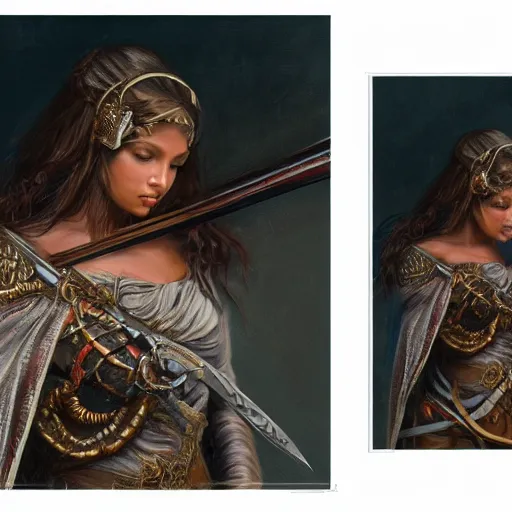 Image similar to artstation concept of a beautiful girl holding a sword in both hands, brown skin, symmetrical face, silver garment, shiny colorful, hyperdetailed, artstation trending, world renowned artists, worth1000.com, historic artworks society, antique renewel, cgsociety, by greg rutkowski, by Gustave Dore, Deviantart
