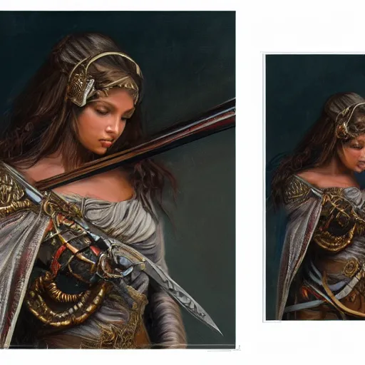 Prompt: artstation concept of a beautiful girl holding a sword in both hands, brown skin, symmetrical face, silver garment, shiny colorful, hyperdetailed, artstation trending, world renowned artists, worth1000.com, historic artworks society, antique renewel, cgsociety, by greg rutkowski, by Gustave Dore, Deviantart