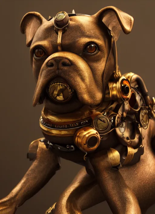 Image similar to a macro photo of amazing steampunk dog with tuby eyes and steam tubes legs, volumetric lightning, octane render, 4 k, hd, realistic reflections, extremely high detailed, soft lightning, trending on artstation, masterpiece, high resolution, bronze, gold, soft lightning