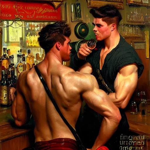 Prompt: attractive muscular male wearing pants with red hair and muscular attractive male wearing pants with black hair, drinking their hearts out, in a pub. very defined and highly detailed painting by j. c. leyendecker, gaston bussiere, craig mullins 8 k