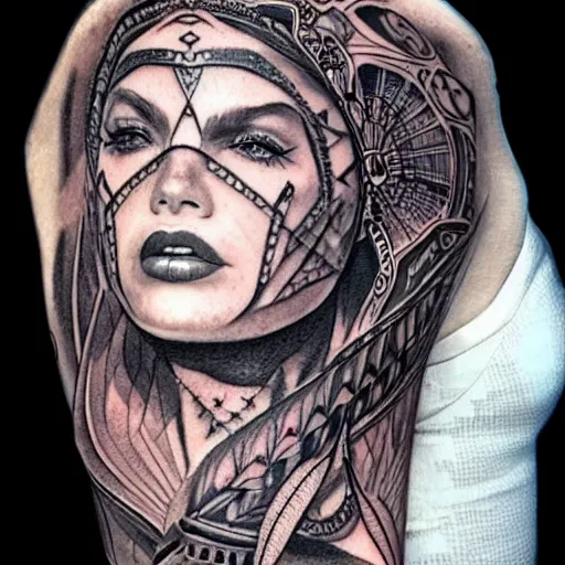 Image similar to tattoo design of a beautiful girl warrior face, hyper detailed, in the design of eliot kohek. white paper background