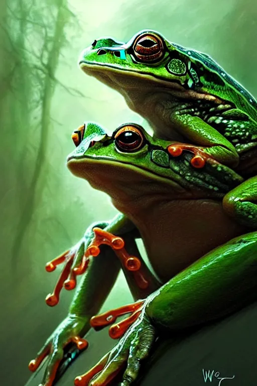 Prompt: a very happy frog, fine art, awesome fantasy book cover on Pinterest, award winning, dark fantasy landscape, fantasy magic, intricate, elegant, sharp focus, cinematic lighting, highly detailed, digital painting, concept art, art by WLOP and Artgerm and Greg Rutkowski, masterpiece, trending on artstation, 8K