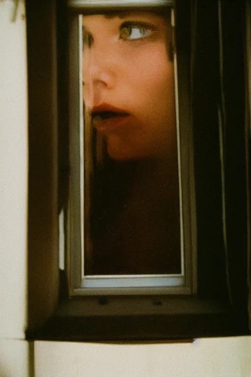 Image similar to kodak portra 4 0 0 photograph of a person looking out through their window, eyes, beautiful eyes, stunning eyes, close up, telephoto, faded effect, grain,