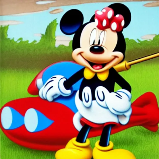 Prompt: mickey mouse is fishing a giant fish